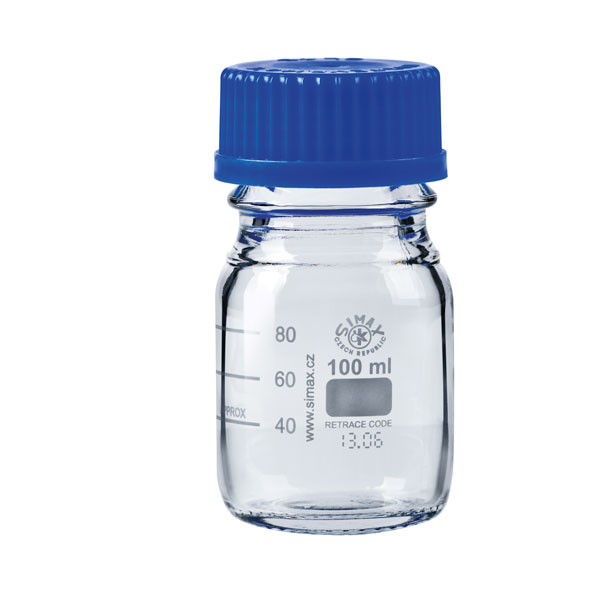 FRASCO GRADUADO CON TAPA ROSCA AZUL DE 100ML, BOROSILICATO 3.3, SBG3-100-010-U